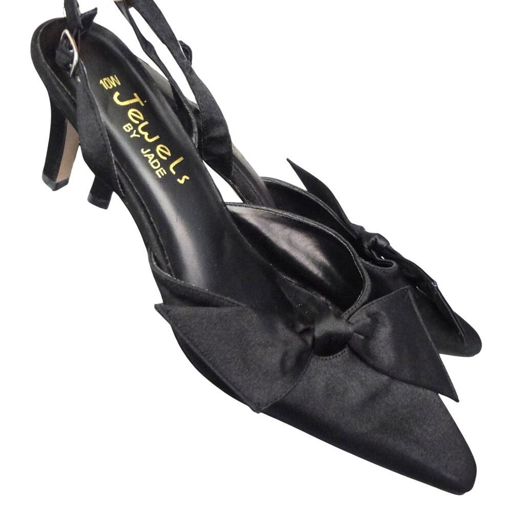 Vintage 90s Y2K Black Satin Slingback Pump BOW Kitten Heel Pointed 10W Wide
